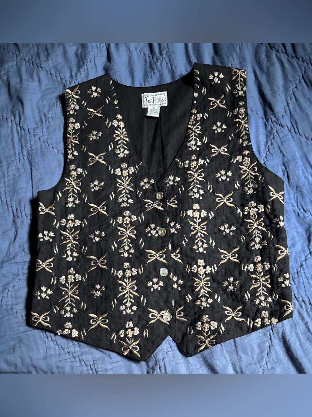 VTG TanTrums Floral Embroidered Vest 100% Cotton Faux Pearl Beads Back Tie Sz S